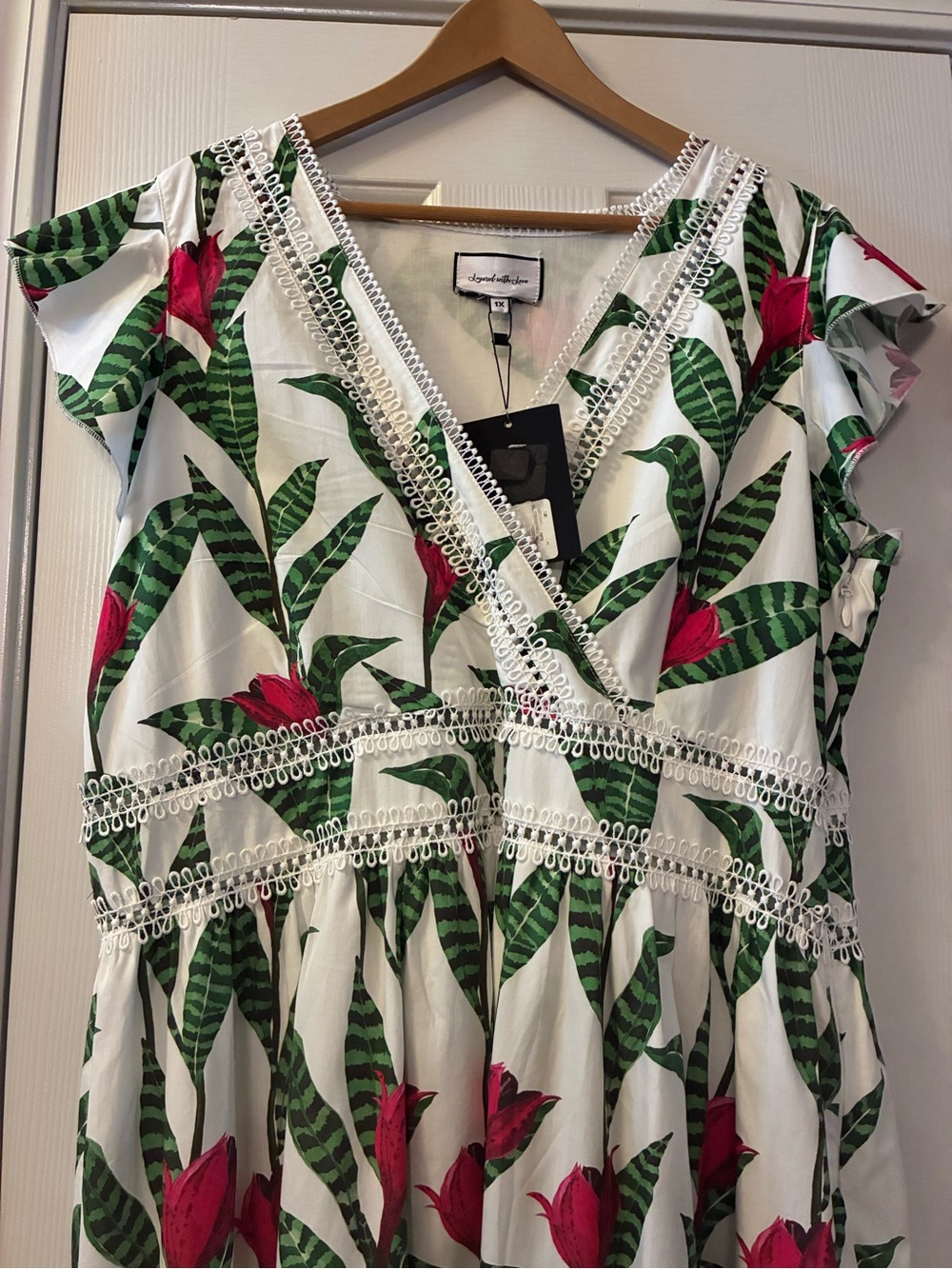 Tropical 100% Cotton Floral Wrap-Style Sundress Crochet Trim. Sizes 1X 2X